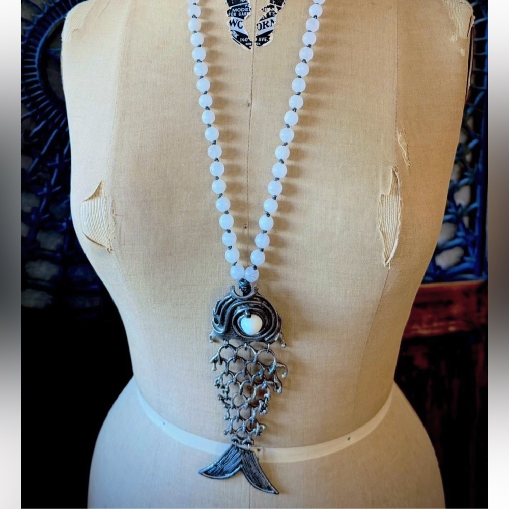 CARA BROWN Designs • Vintage 70’s Era Silver Fish Pendant on White Jade Necklace